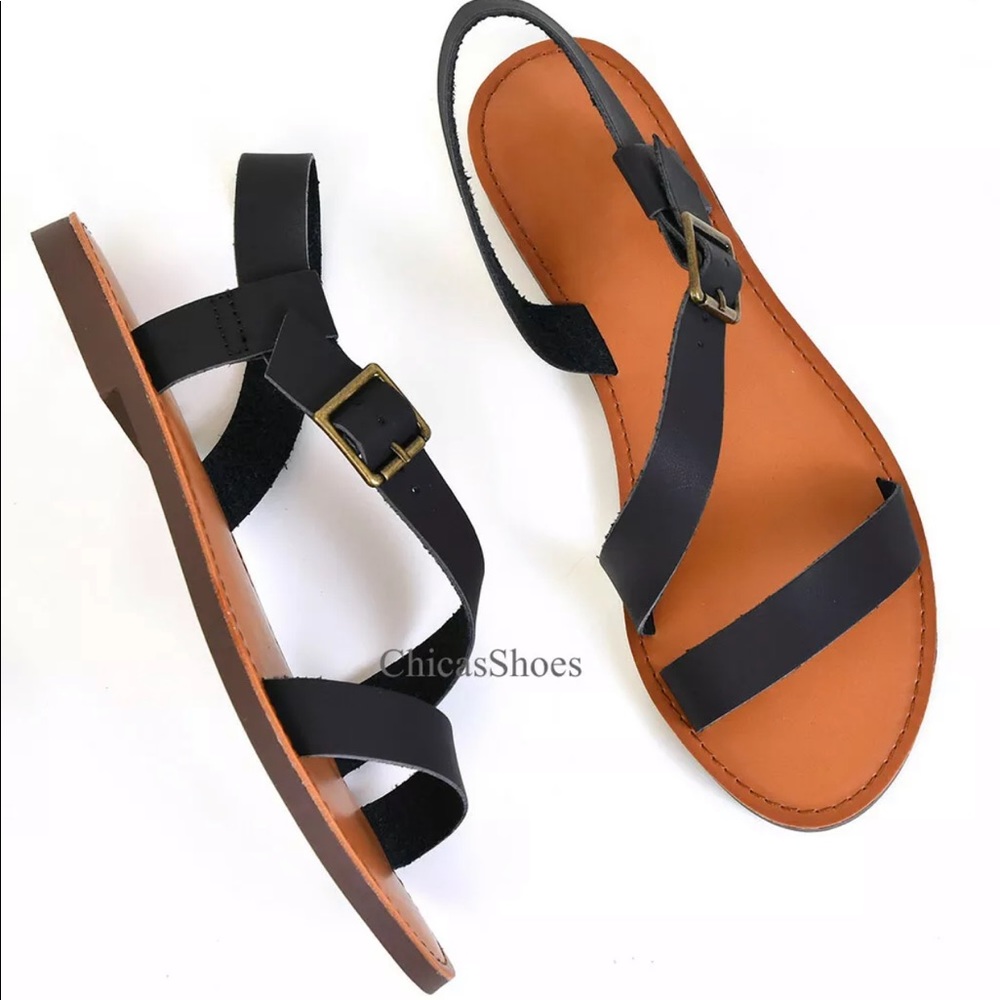New Black Summer Gladiator Buckle Flat Sandals